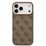 Apple iPhone 17 Pro Max Kılıf Guess Orjinal Lisanslı M-safe Şarj Özellikli Gold Metal Kamera Çerçeveli PU Deri 4G Desenli Yazı Logolu Kapak