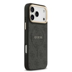 Apple iPhone 17 Pro Max Kılıf Guess Orjinal Lisanslı M-safe Şarj Özellikli Gold Metal Kamera Çerçeveli PU Deri 4G Desenli Yazı Logolu Kapak