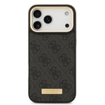 Apple iPhone 17 Pro Max Kılıf Guess Orjinal Lisanslı M-safe Şarj Özellikli 4G Desenli PU Metal Plaka Klasik Logolu Kapak
