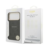 Apple iPhone 17 Pro Max Kılıf Guess Orjinal Lisanslı M-safe Şarj Özellikli Gold Metal Kamera Çerçeveli PU Deri 4G Desenli Yazı Logolu Kapak