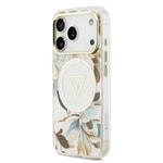 Apple iPhone 17 Pro Max Kılıf Guess Orjinal Lisanslı M-safe Şarj Özellikli Simli Çiçek Desenli Metal Kamera Çerçeveli Üçgen Logolu Kapak