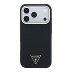 Apple iPhone 18 Pro Kılıf Guess Orjinal Lisanslı M-safe Şarj Özellikli PU Metal Üçgen Logolu Karbon Fiber Kevlar Kapak