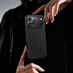 Apple iPhone 18 Pro Kılıf M-Safe Şarj Özellikli Çizgi Desenli Kumaş Dokulu Zore Paris Lorin Kapak
