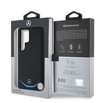 Galaxy S25 Ultra Kılıf Mercedes Benz Orjinal Lisanslı M-safe Şarj Özellikli 3D Metal Logolu Mavi Yatay Eğri Çizgili Deri Kapak