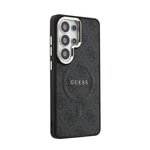 Galaxy S26 Ultra Kılıf Guess Orjinal Lisanslı M-safe Şarj Özellikli Metal Kamera Çerçeveli PU Deri 4G Desenli Yazı Logolu Kapak