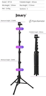 Jmary MT-36 Tripod 171 cm 360 Derece Dönebilen Başlık 4 Kademeli Yükselik Ayarı
