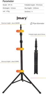Jmary MT-45 Tripod 168 cm 360 Derece Dönebilen Başlık 3 Kademeli Yükseklik Ayarı
