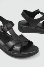 Ortopedik Taban Rahat Cırtlı Siyah Kadın Sandalet MM-E015 Kadın Düz Sandalet Cıtyzen Cityzen MM-E015 Sandalet 22Y