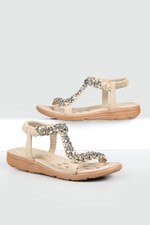 Rahat Taban Taşlı Lastikli Bej Kadın Sandalet 120-25 Kadın Düz Sandalet Guja GUJA 120-25 ZEN SANDALET