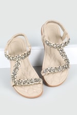 Rahat Taban Taşlı Lastikli Bej Kadın Sandalet 120-25 Kadın Düz Sandalet Guja GUJA 120-25 ZEN SANDALET