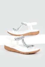 Rahat Taban Taşlı Lastikli Beyaz Kadın Sandalet 120-25 Kadın Düz Sandalet Guja GUJA 120-25 ZEN SANDALET