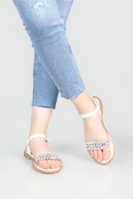 Taşlı Düz Taban Beyaz Kadın Sandalet A-2504 Kadın Düz Sandalet Carla Bella My Bella A-2504 22Y
