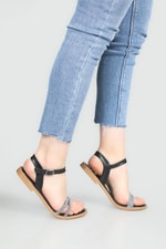 Taşlı Düz Taban Siyah Kadın Sandalet A-2503 Kadın Düz Sandalet Carla Bella My Bella A-2503 22Y