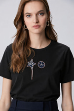 BYMN YILDIZ İŞLEMELİ KADIN SİYAH TSHIRT 