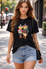 PRL RENKLİ ÇİFT TEDDY SİYAH TSHIRT