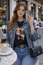 PRL RENKLİ ÇİFT TEDDY SİYAH TSHIRT