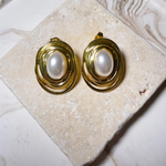 Çelik İncili Oval Gold Küpe