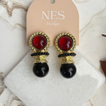 Siyah Kırmızı Taşlı Burgu Gold Kenarlı Vintage Küpe
