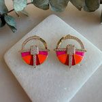 Taşlı Art Deco Küpe (Turuncu-Pembe)