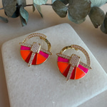 Taşlı Art Deco Küpe (Turuncu-Pembe)