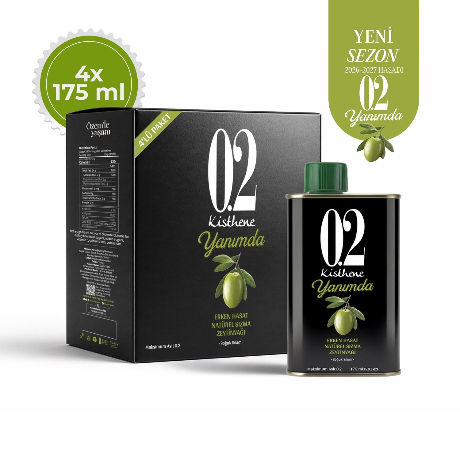 Kisthene 02 Yanımda Erken Hasat Natürel Sızma Zeytinyağı 4*175 ml