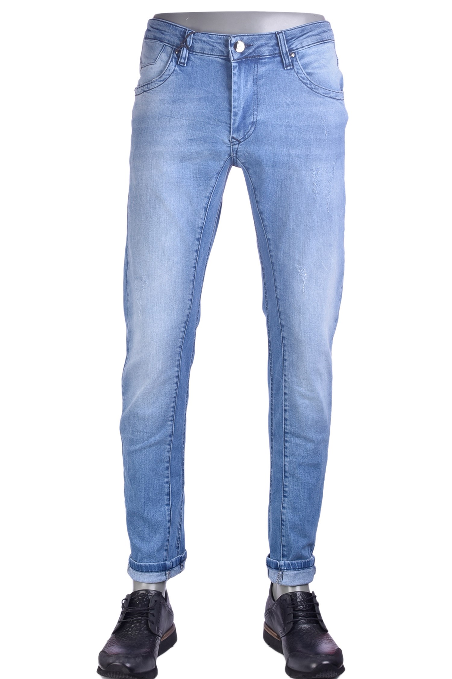 Açık Mavi Taşlanmış Slim Fit Jeans