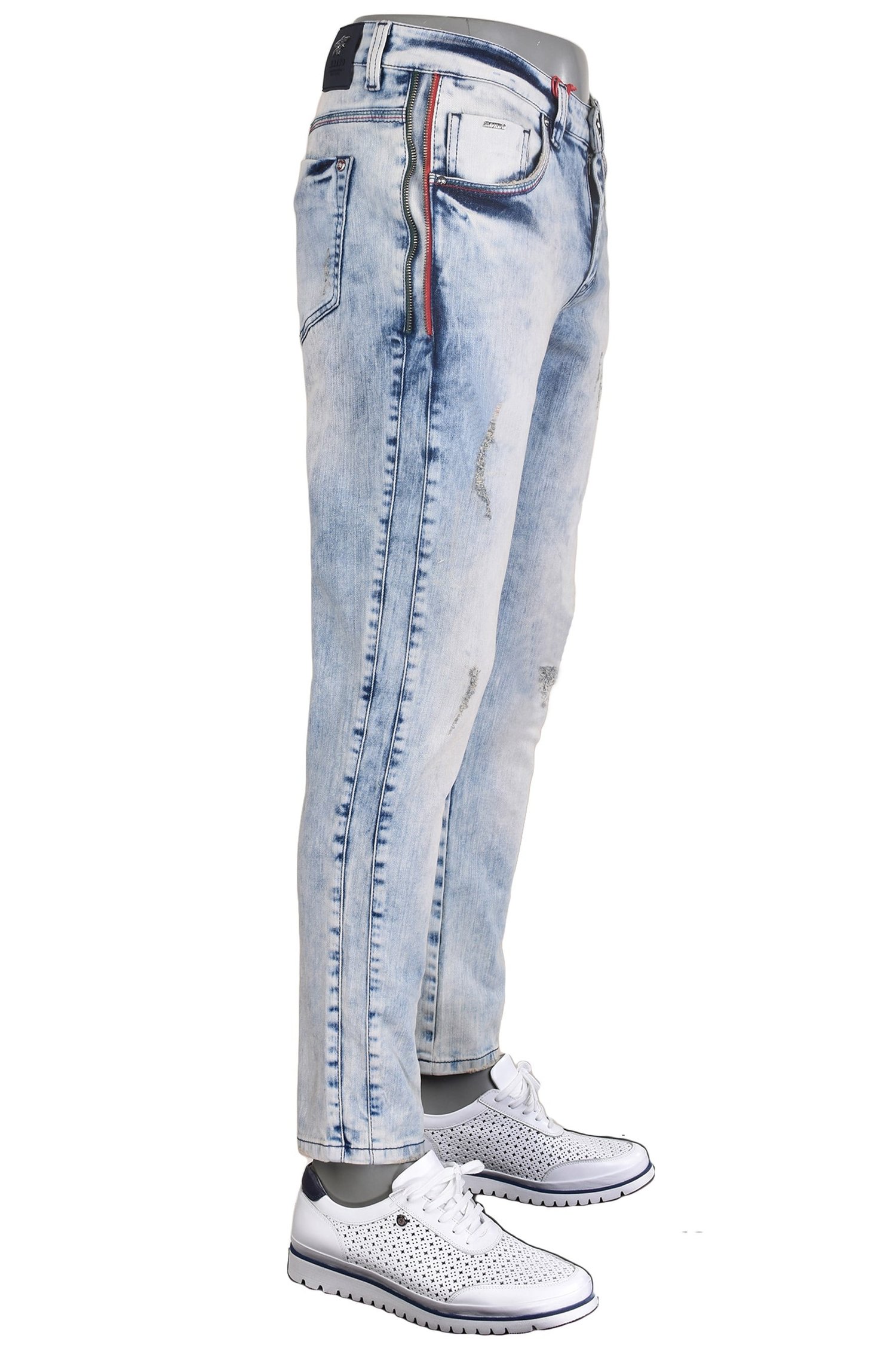 Açık Mavi Yanı Fermuar Detaylı Taşlanmış Jeans