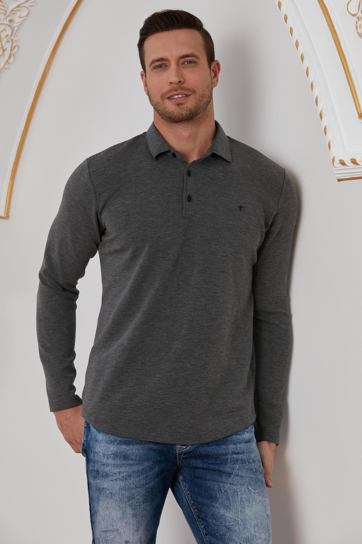 Antrasit Basic Polo Yaka Sweatshirt