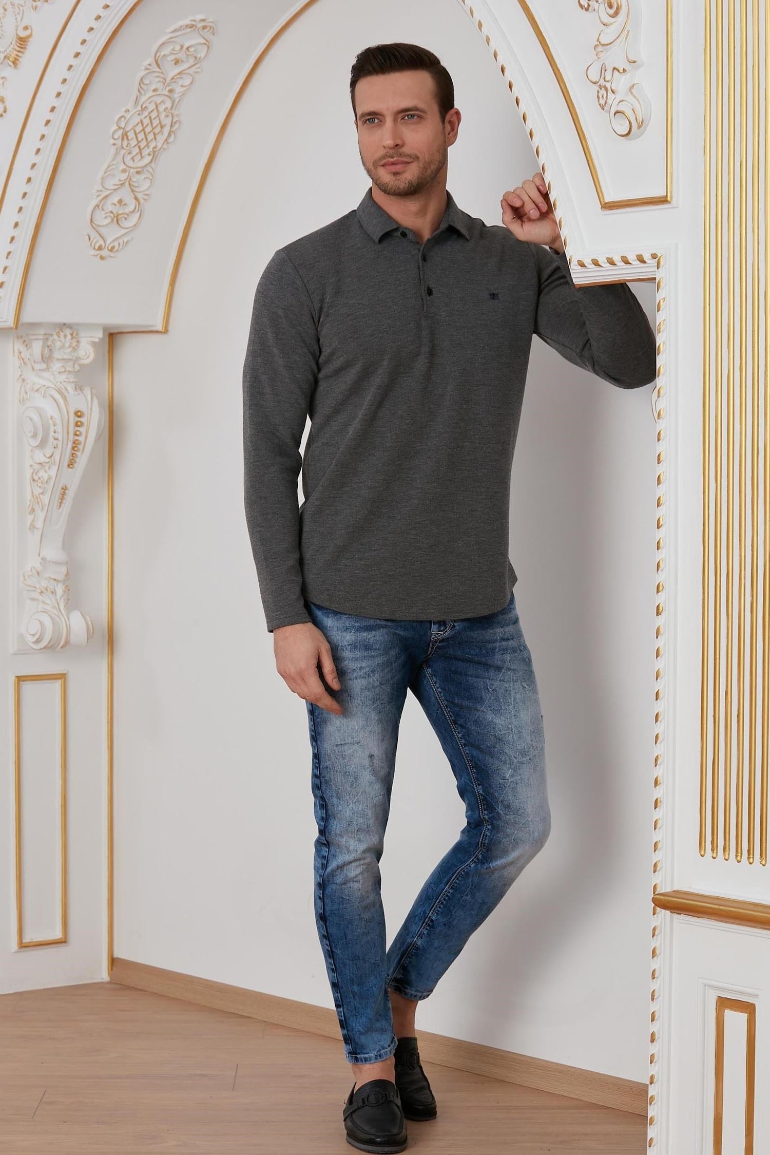 Antrasit Basic Polo Yaka Sweatshirt