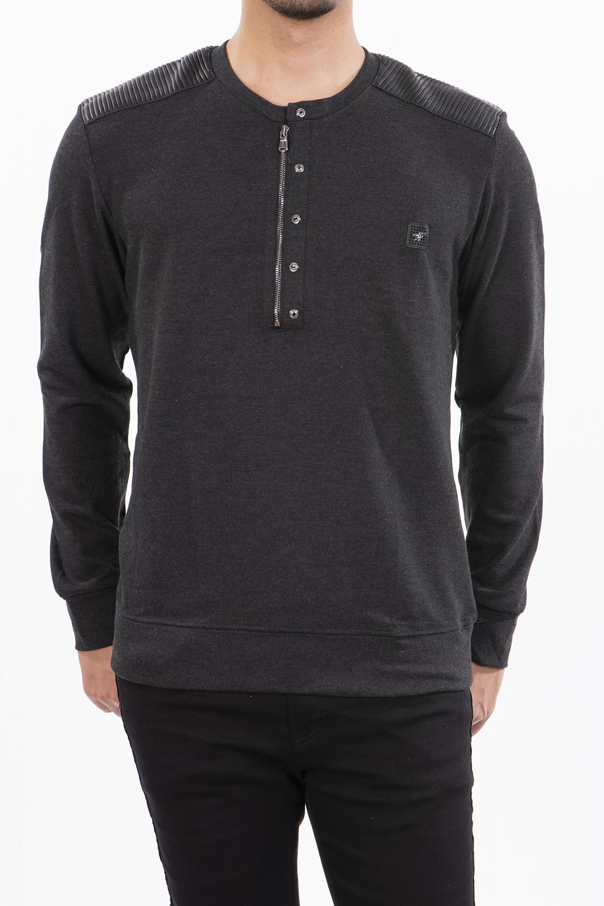 Antrasit Fermuarlı ve Çıtçıtlı Omzu Derili Basic Sweatshirt