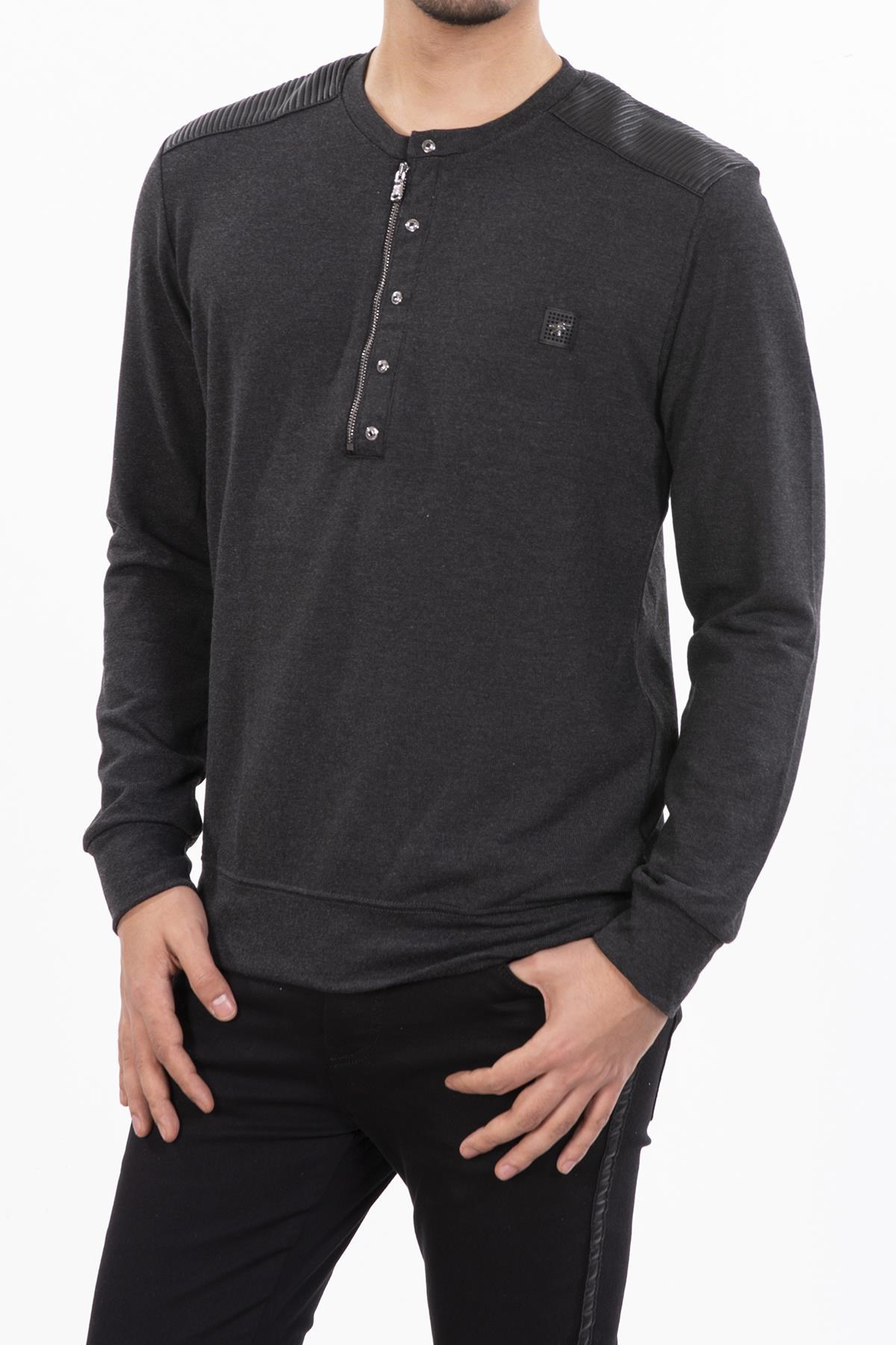 Antrasit Fermuarlı ve Çıtçıtlı Omzu Derili Basic Sweatshirt