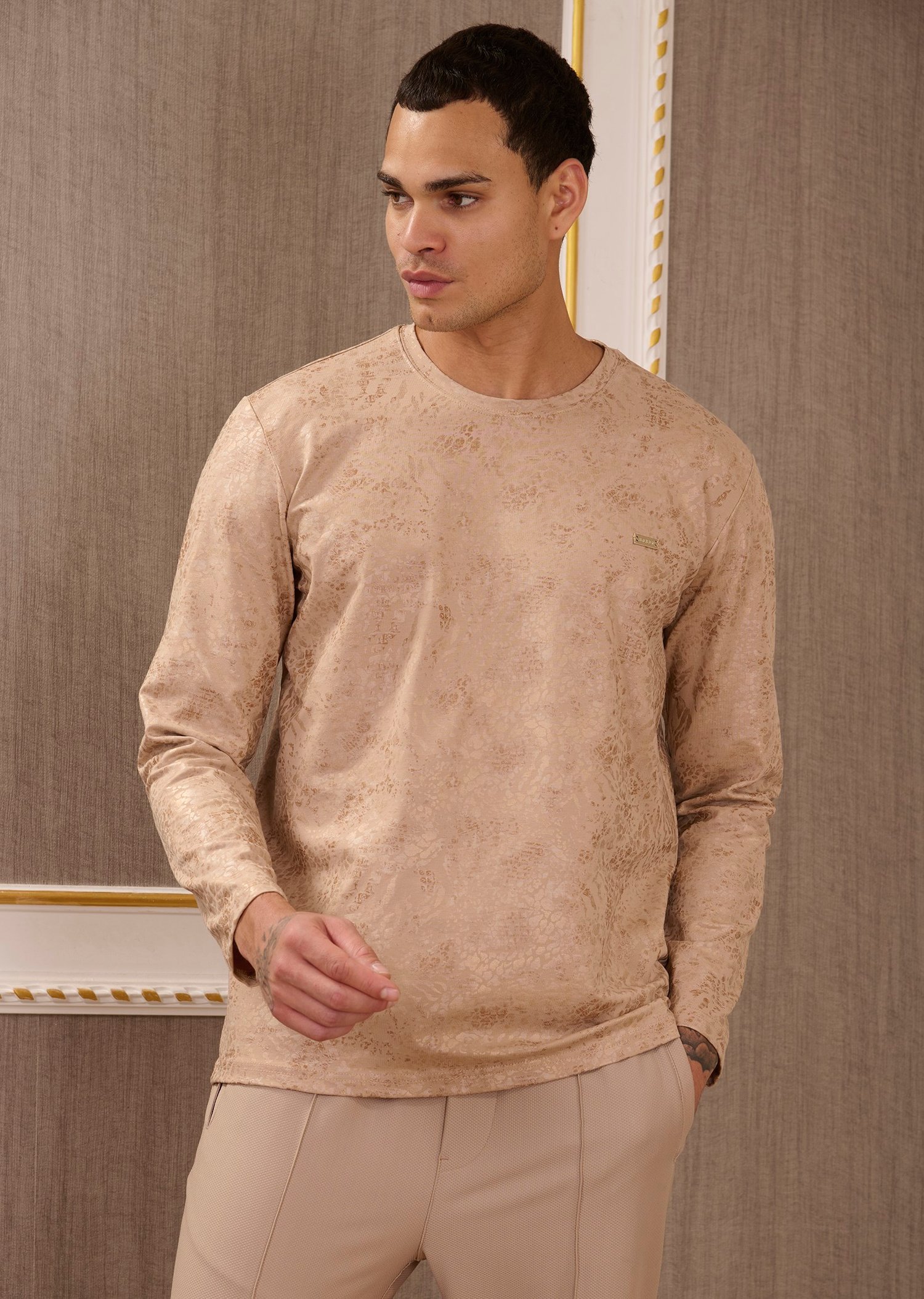 Bej Abstrakt  Desenli Pamuklu Sweatshirt