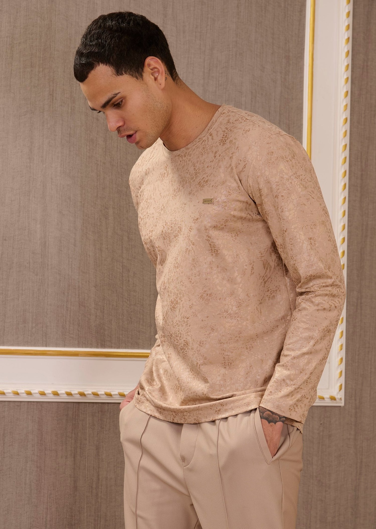 Bej Abstrakt  Desenli Pamuklu Sweatshirt