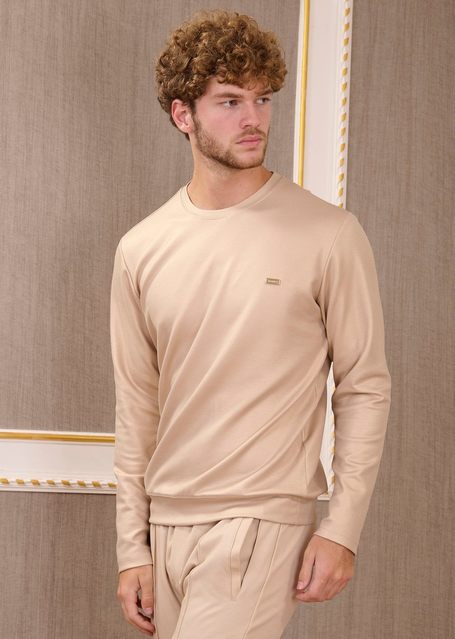 Bej Bisiklet Yaka Bi-Stretch Kare Baskılı İnterlok Sweatshirt
