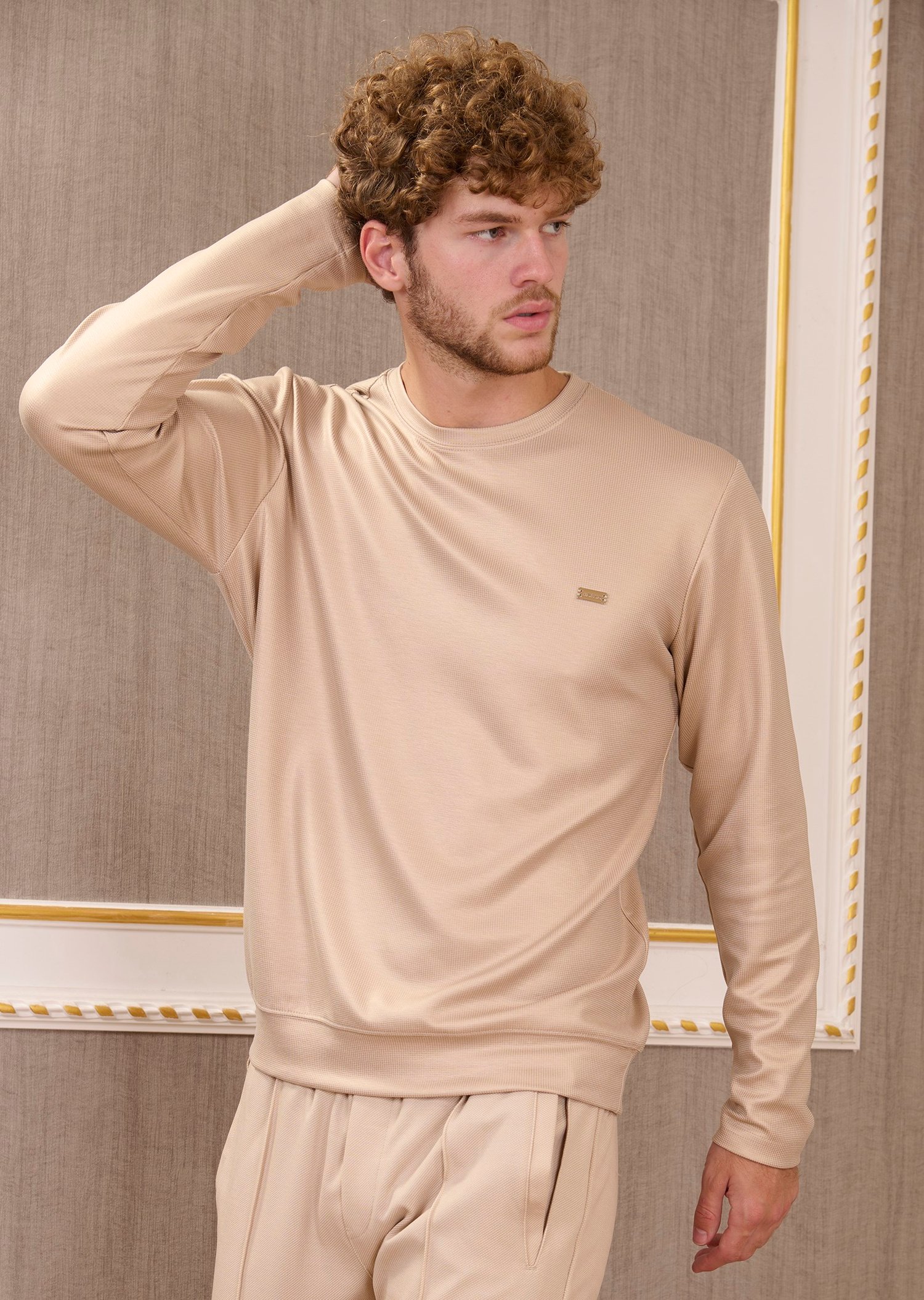 Bej Bisiklet Yaka Bi-Stretch Kare Baskılı İnterlok Sweatshirt