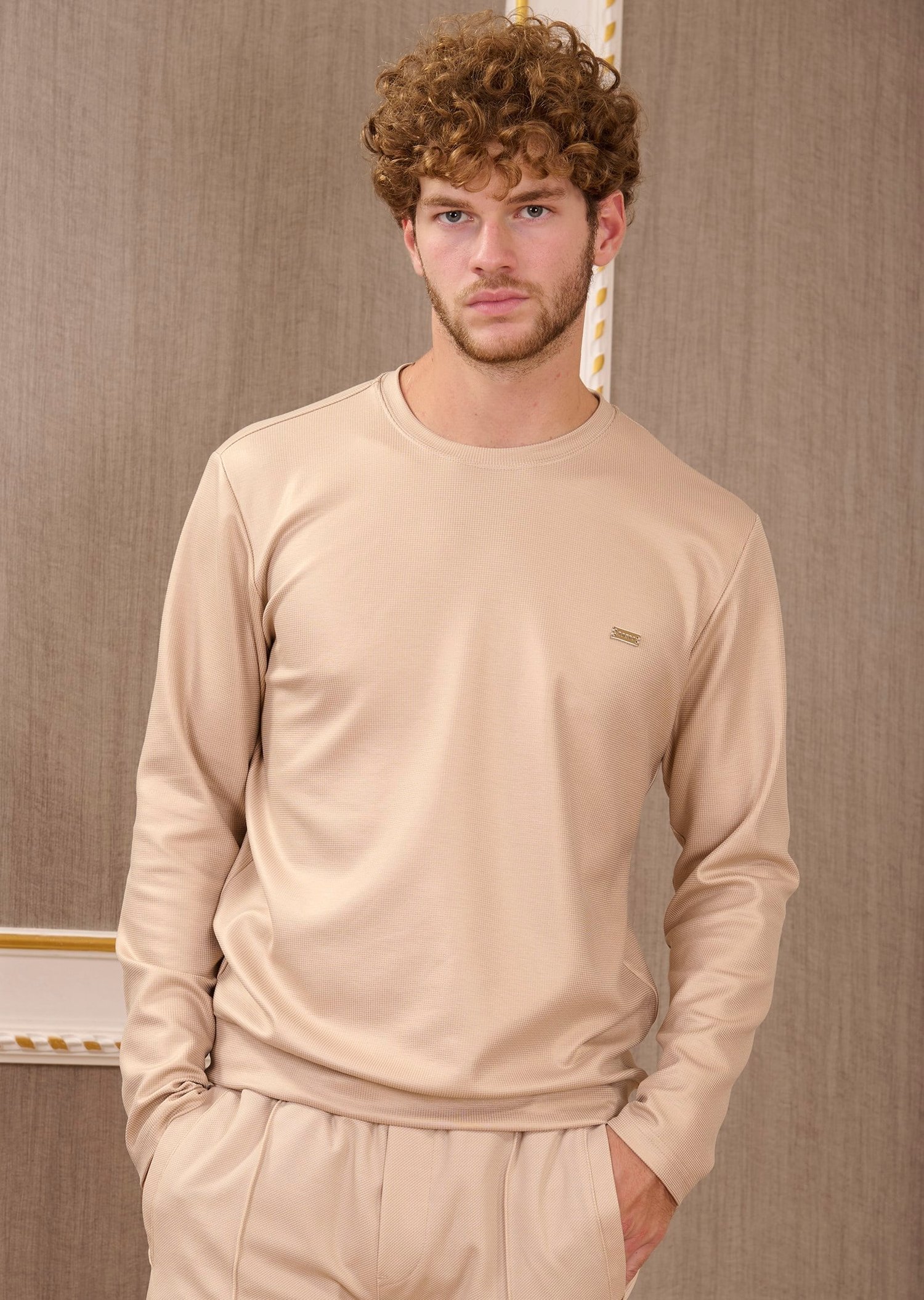 Bej Bisiklet Yaka Bi-Stretch Kare Baskılı İnterlok Sweatshirt