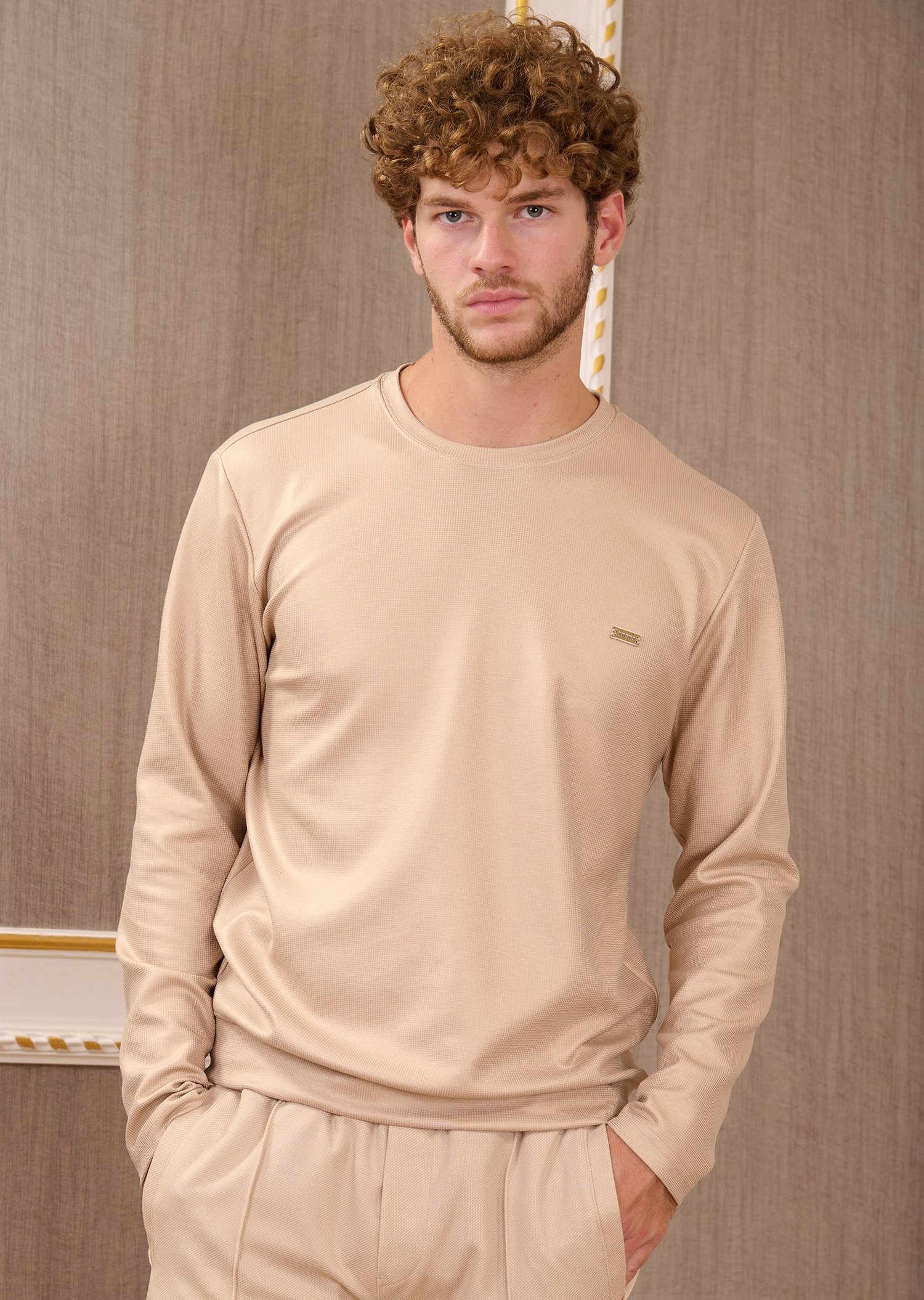 Bej Bisiklet Yaka Bi-Stretch Kare Baskılı İnterlok Sweatshirt
