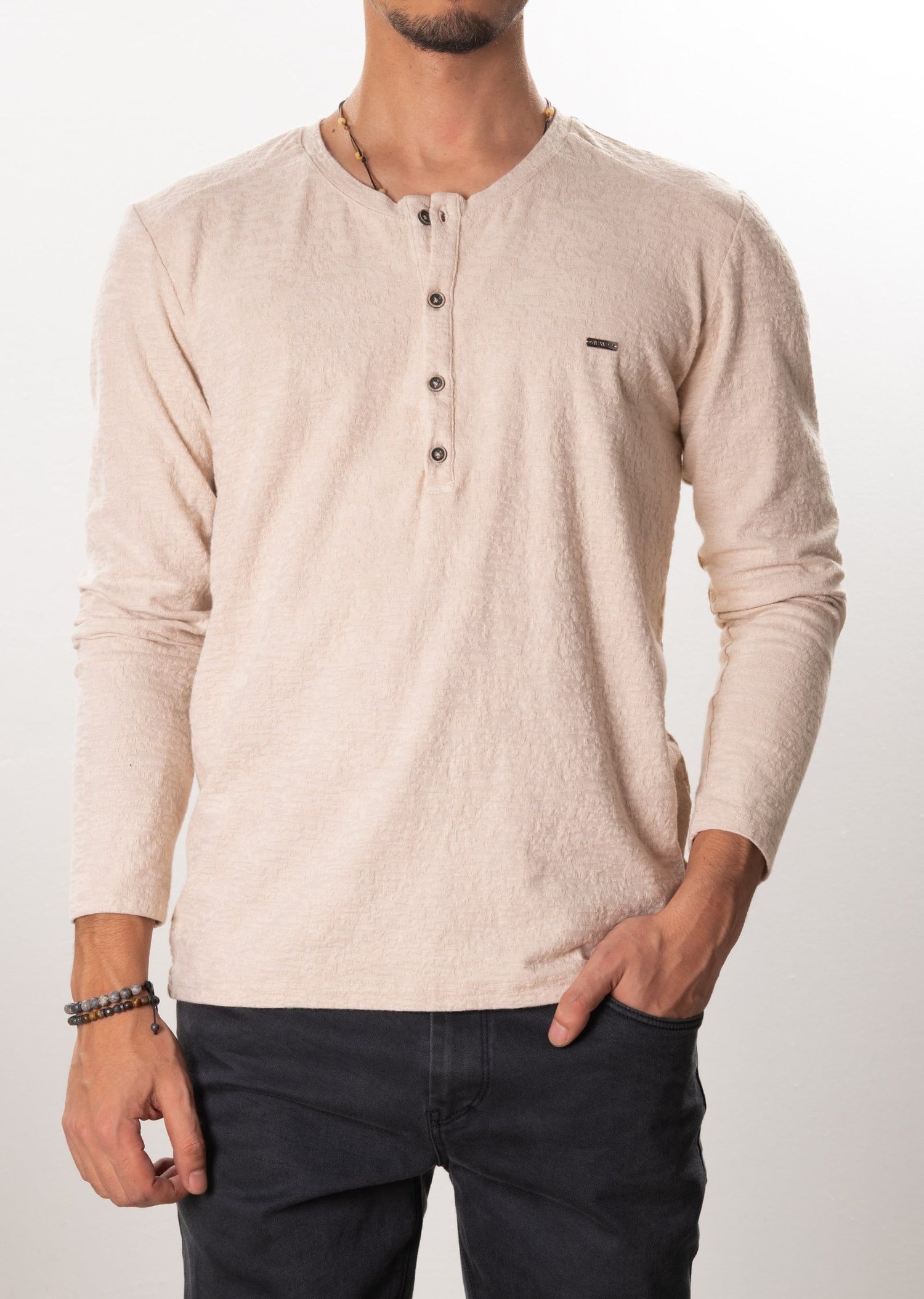 Bej Düğmeli Sweatshirt