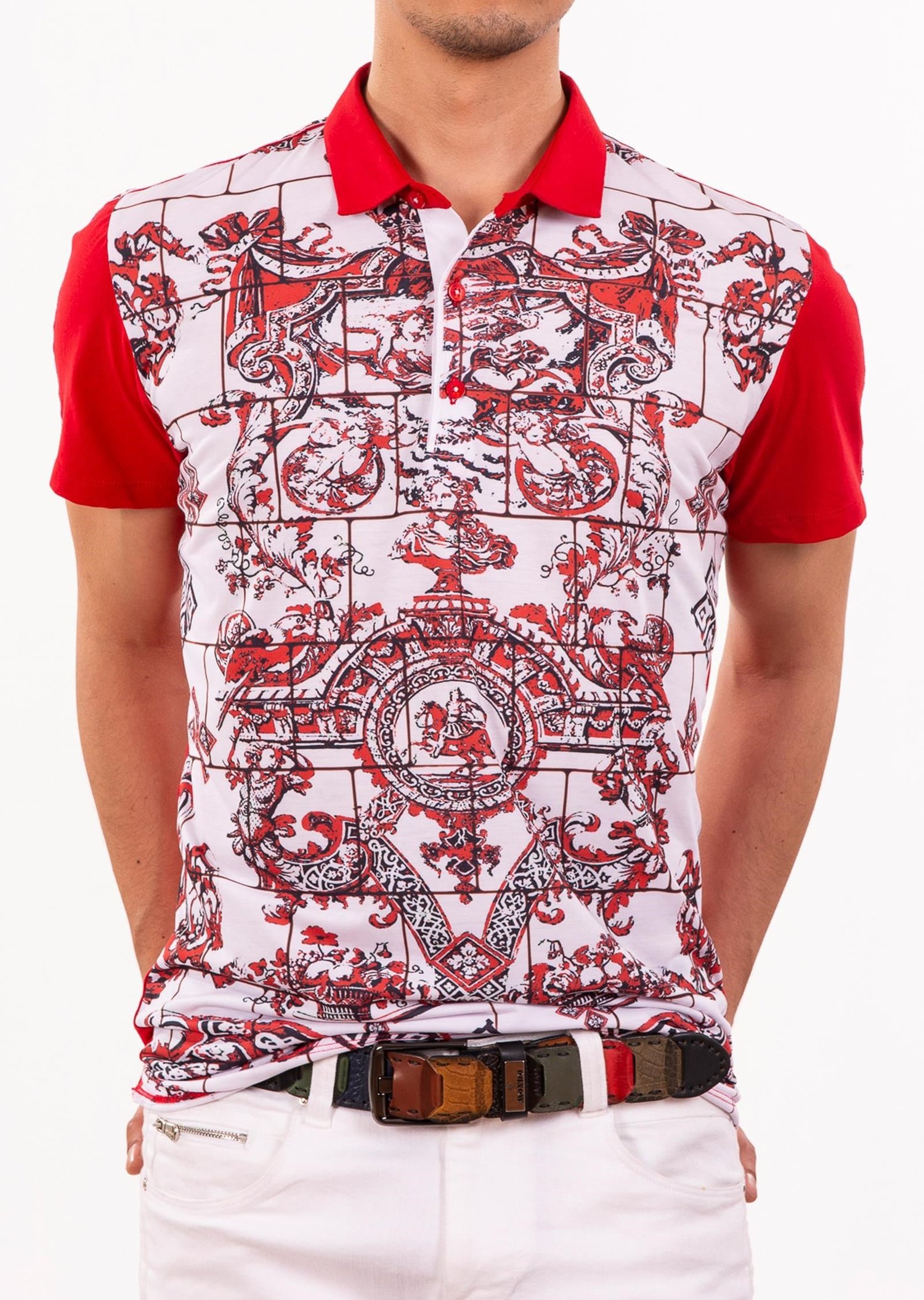 Beyaz Kırmızı Barok Desenli Polo Yaka T-Shirt