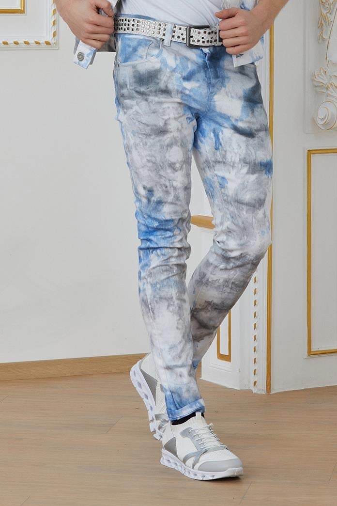 Beyaz-Mavi Batik Desenli Jean Pantolon
