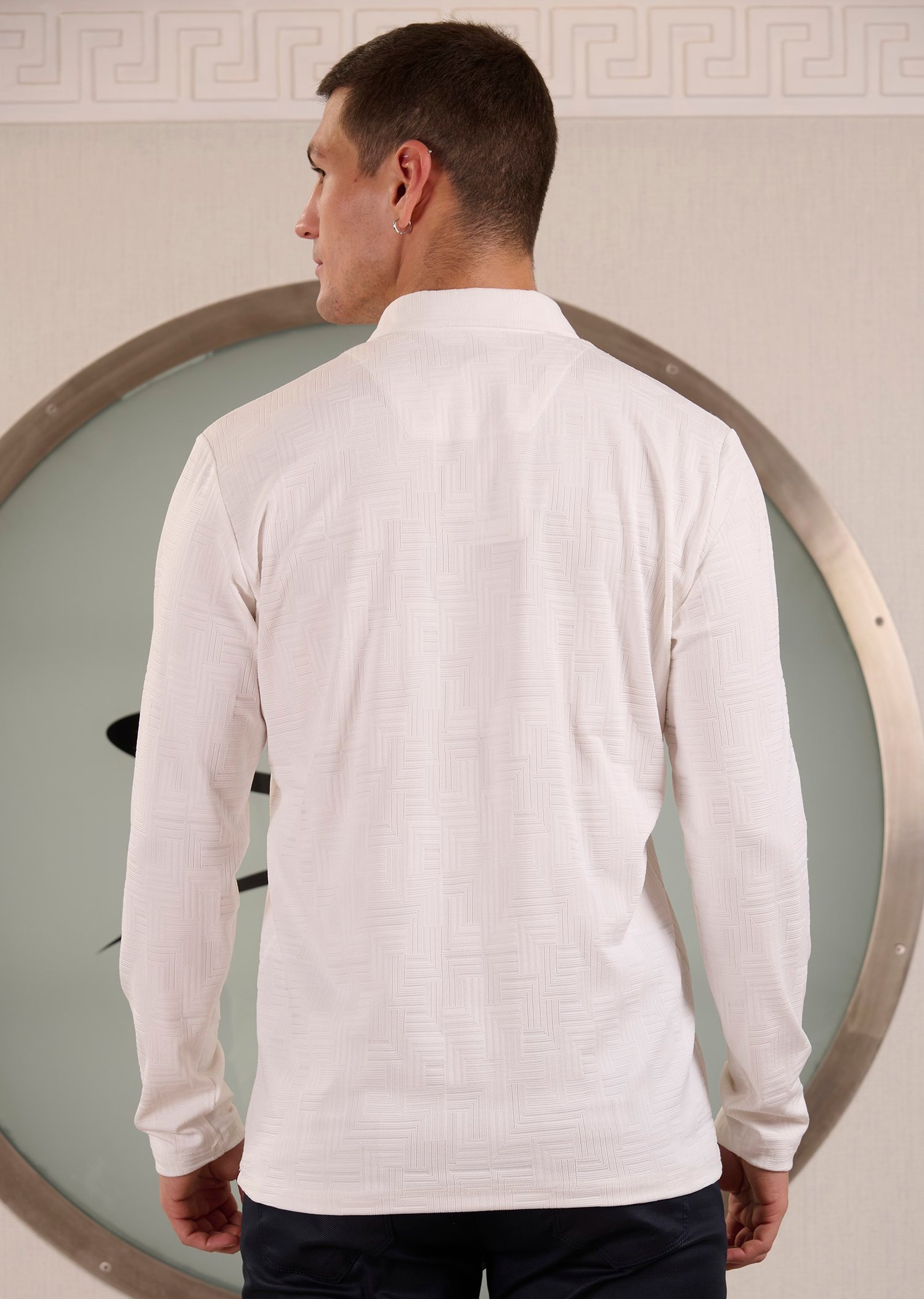 Beyaz Polo Yaka Pamuklu Jakarlı Sweatshirt