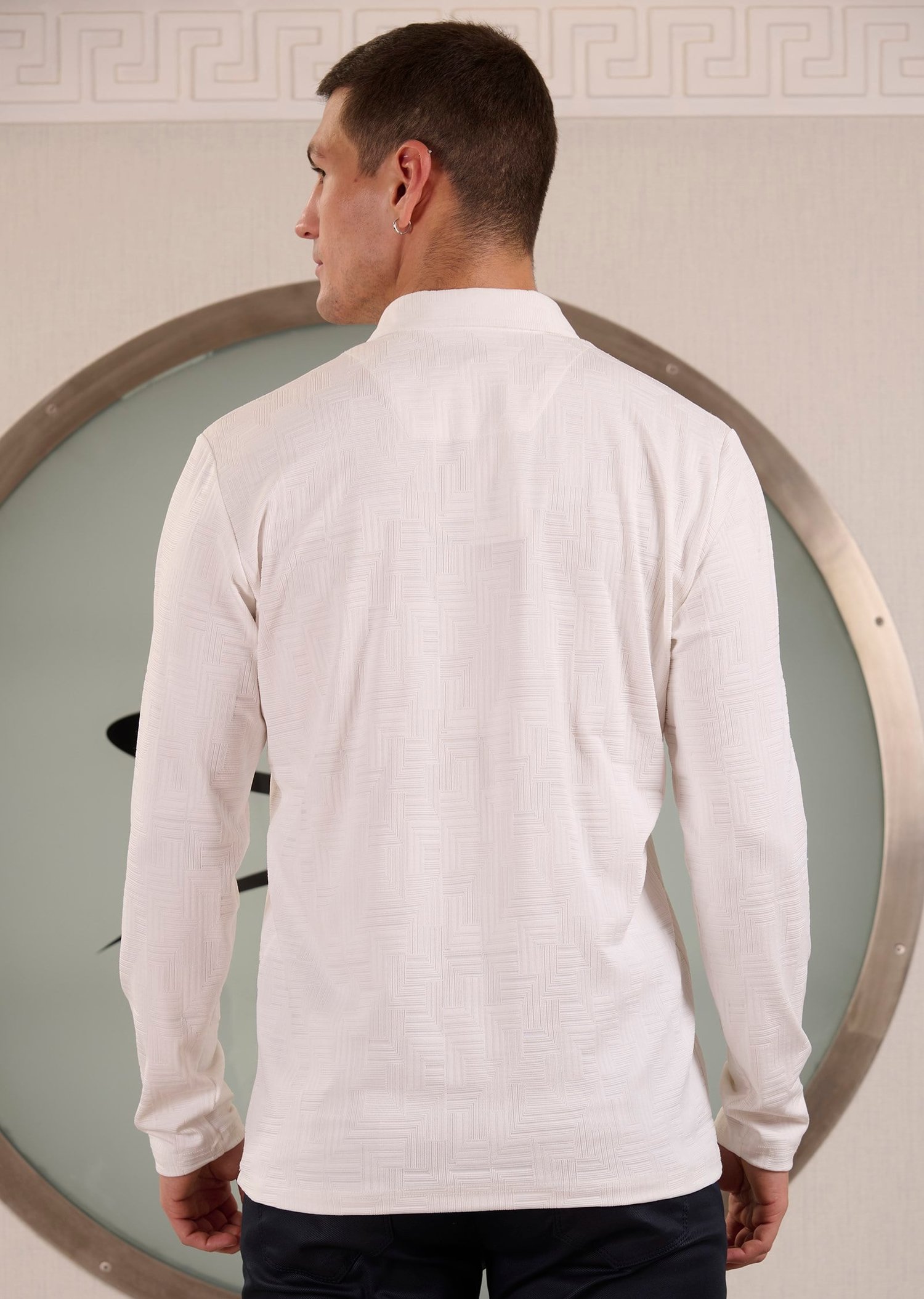 Beyaz Polo Yaka Pamuklu Jakarlı Sweatshirt