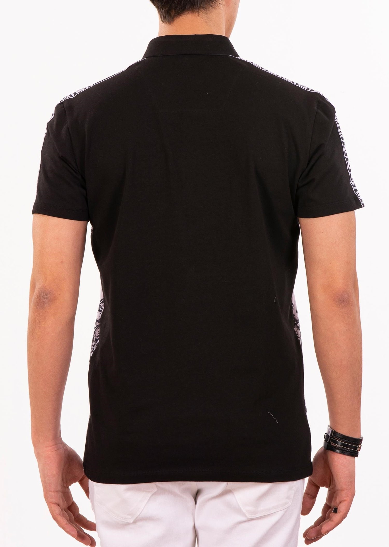 Beyaz Siyah Barok Desenli Polo Yaka T-Shirt