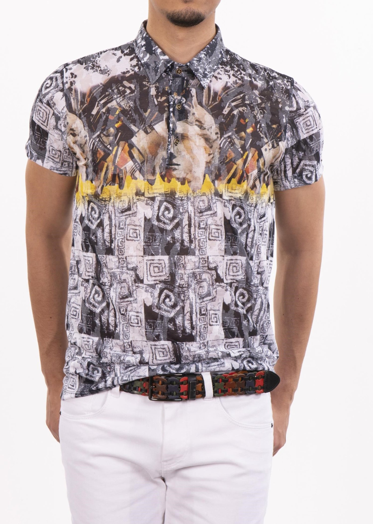 Beyaz Siyah Karışık Desenli Polo Yaka T-Shirt