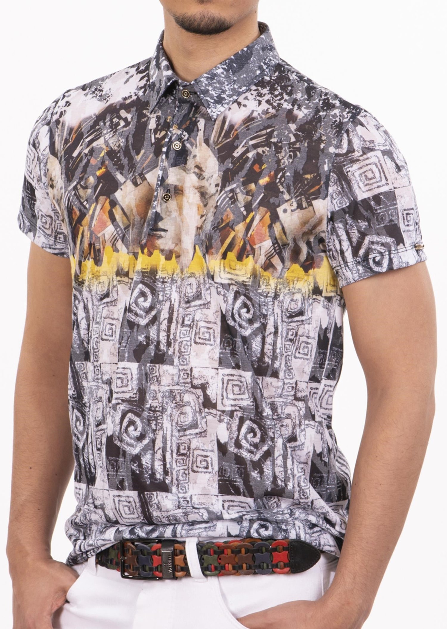 Beyaz Siyah Karışık Desenli Polo Yaka T-Shirt