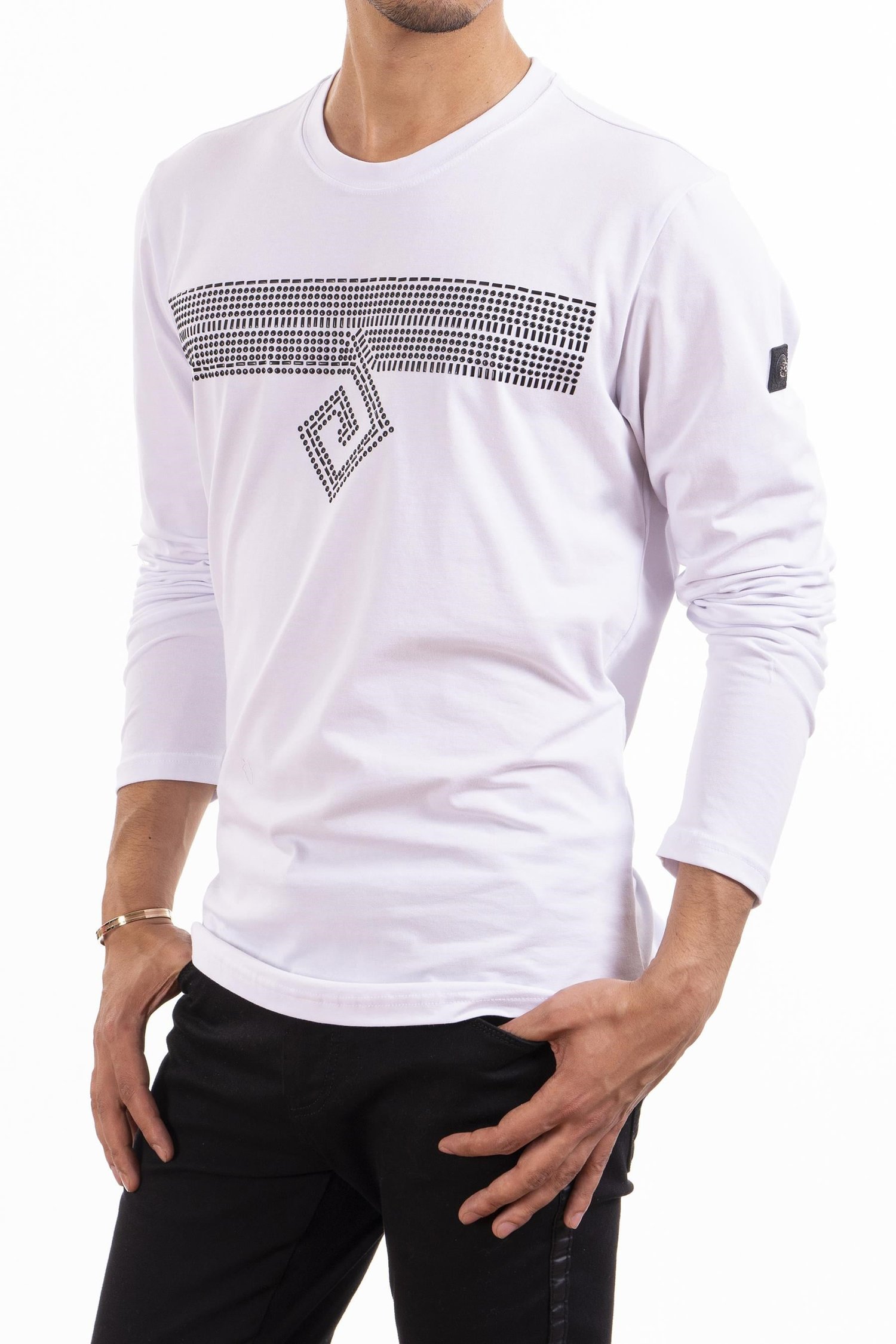 Beyaz Taşlı Bisiklet Yaka Sweatshirt