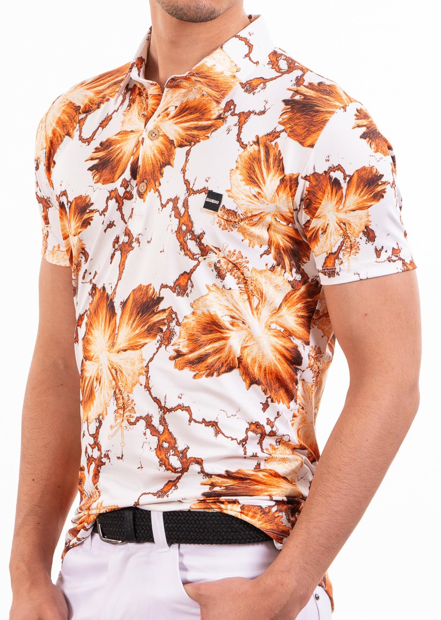 Beyaz Turuncu Çiçek Desenli Polo Yaka T-Shirt