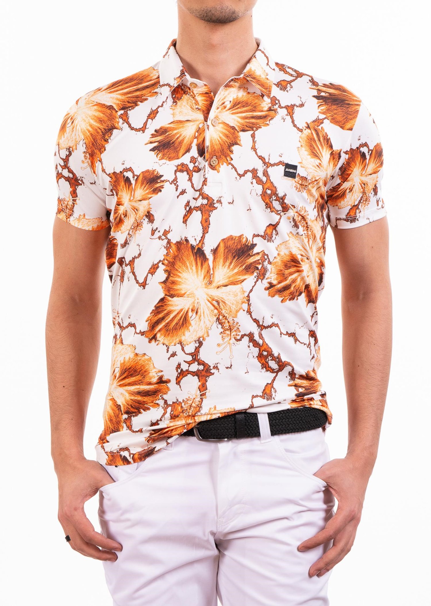 Beyaz Turuncu Çiçek Desenli Polo Yaka T-Shirt