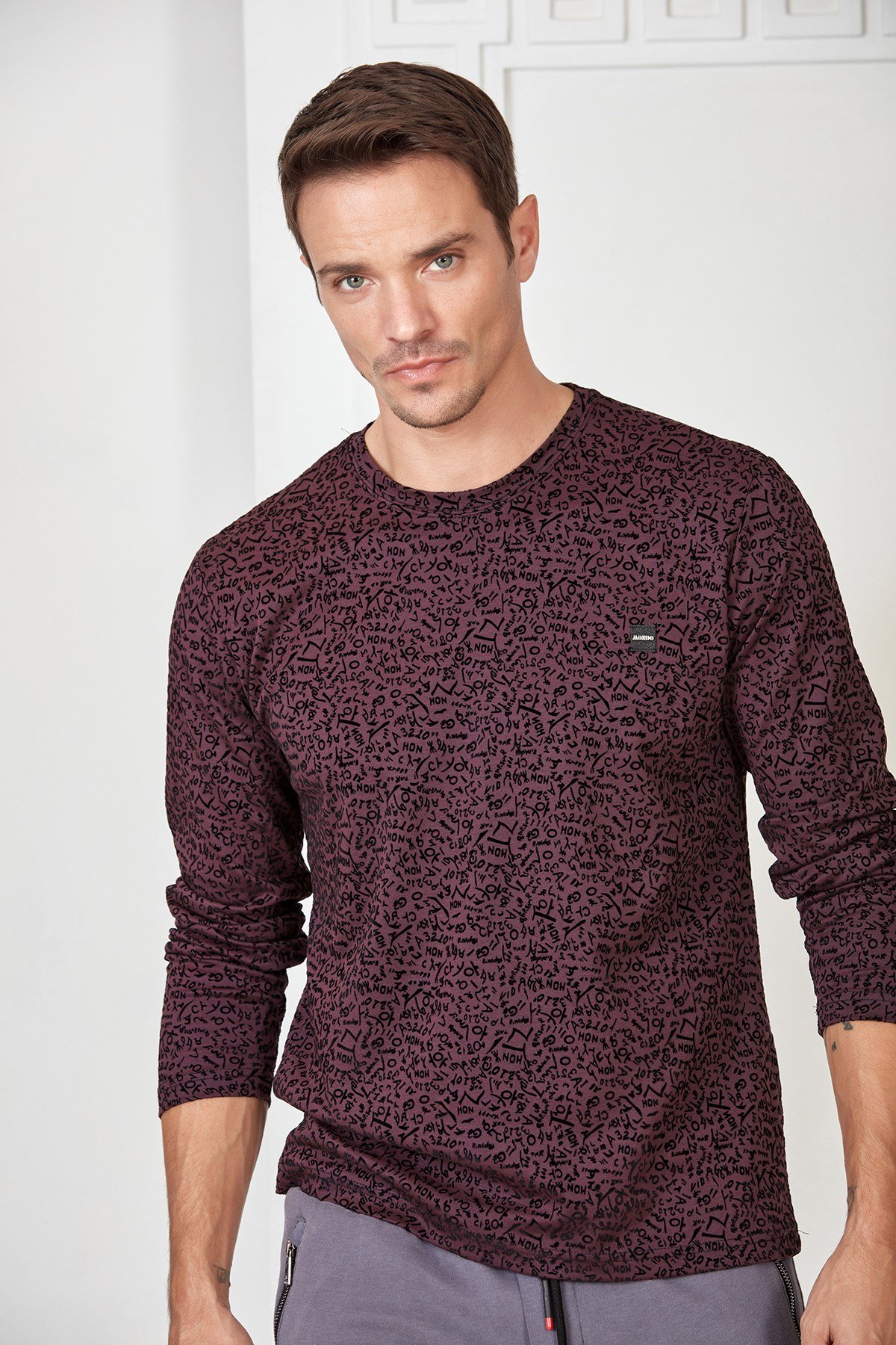Bordo Flok Harf Baskılı Sweatshirt