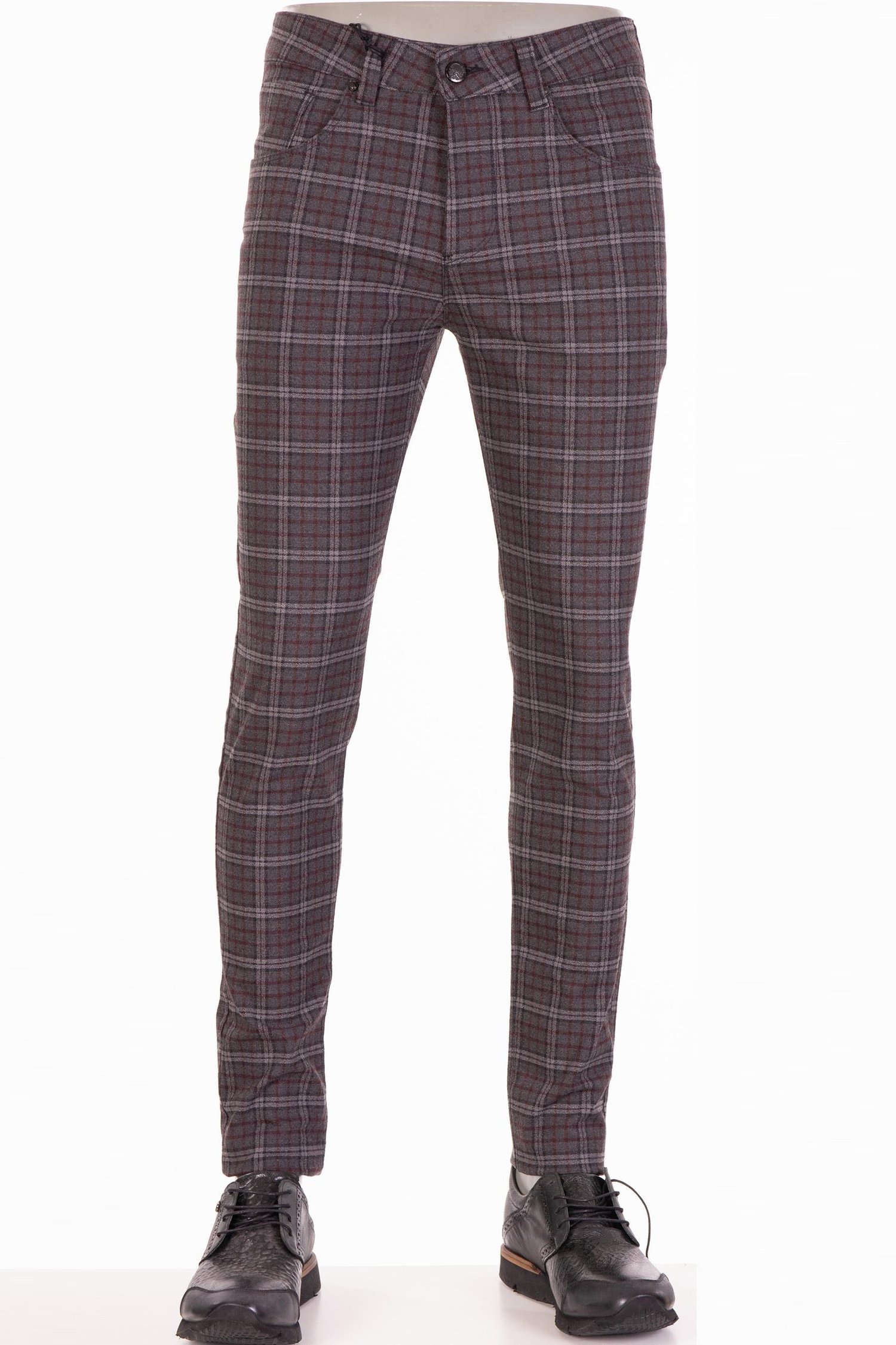 Bordo-Gri Kareli Pantolon